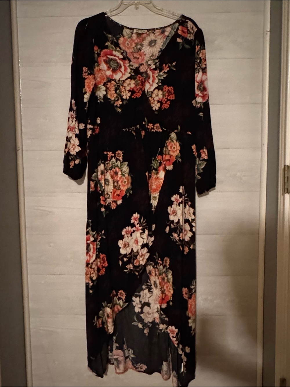 Black Floral Long Sleeve Maxi Dress with Peach & Cream Blooms